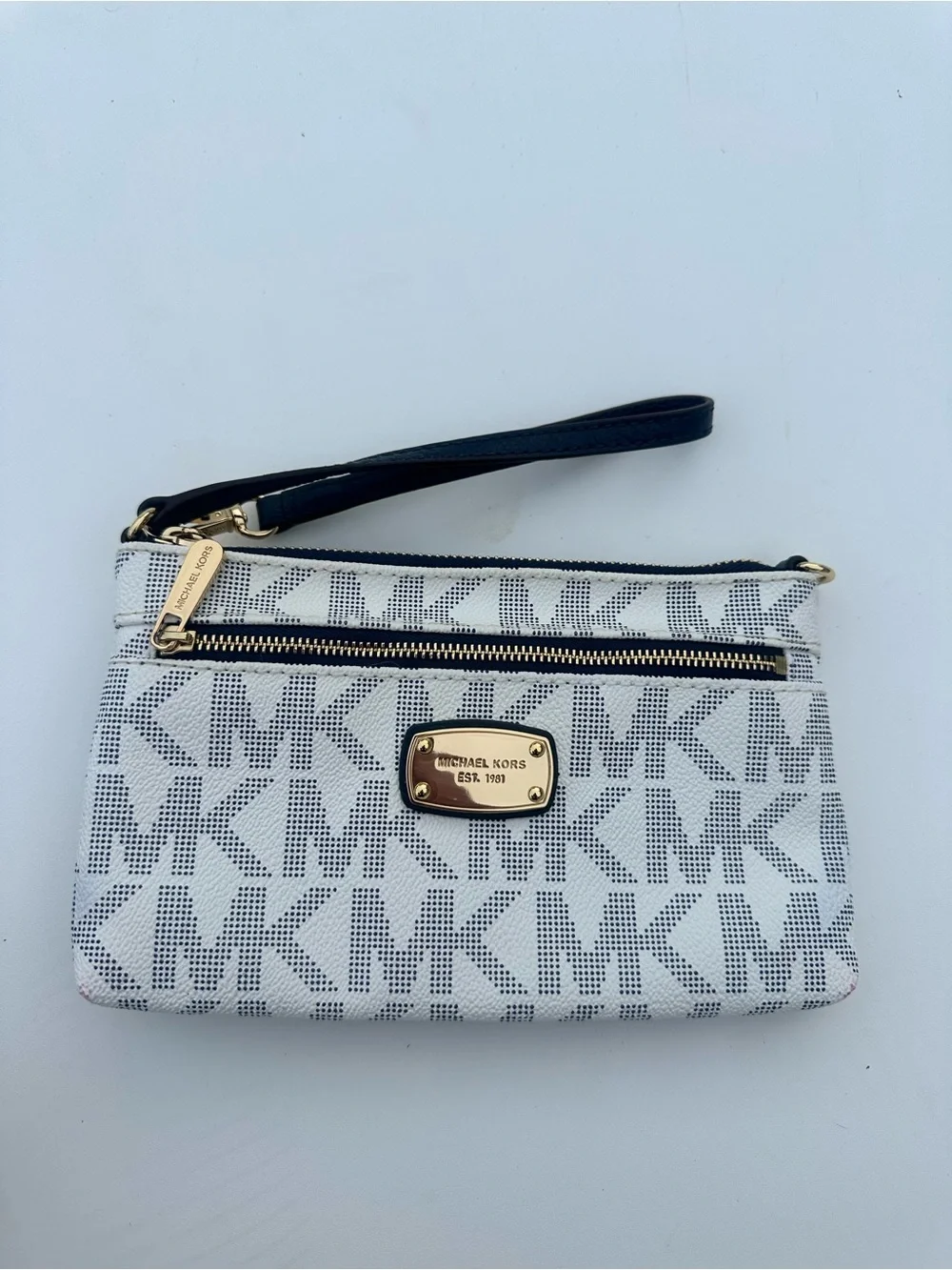Michael Kors White and Black MK Logo Wristlet with Gold Hardware